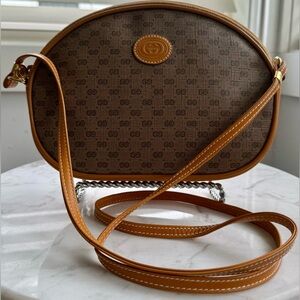 Gucci Brown Monogram Oval Crossbody with Tan Trim